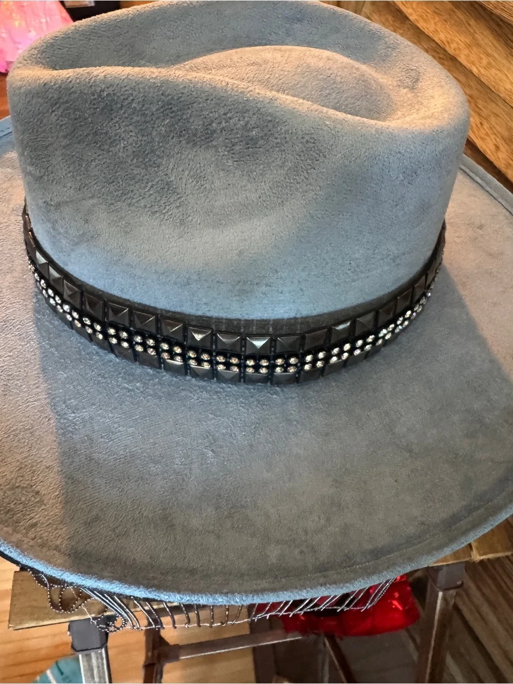 Vintage Blue Suede Hat with Studded Band & Fringe